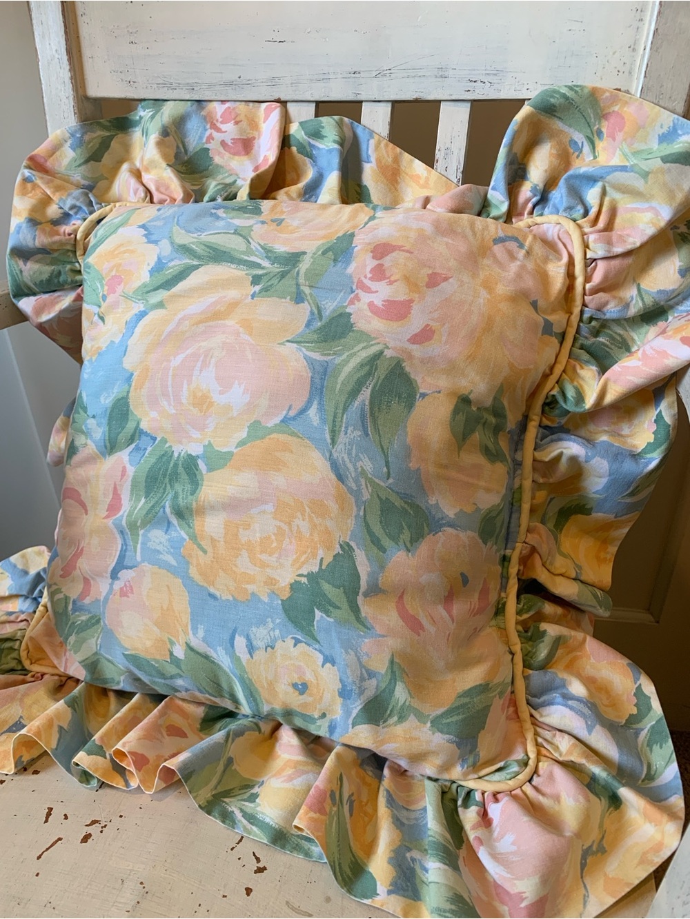 Vintage Croscill Floral Ruffled Throw Pillow in Pastel Yellow, Pink, Blue, Green